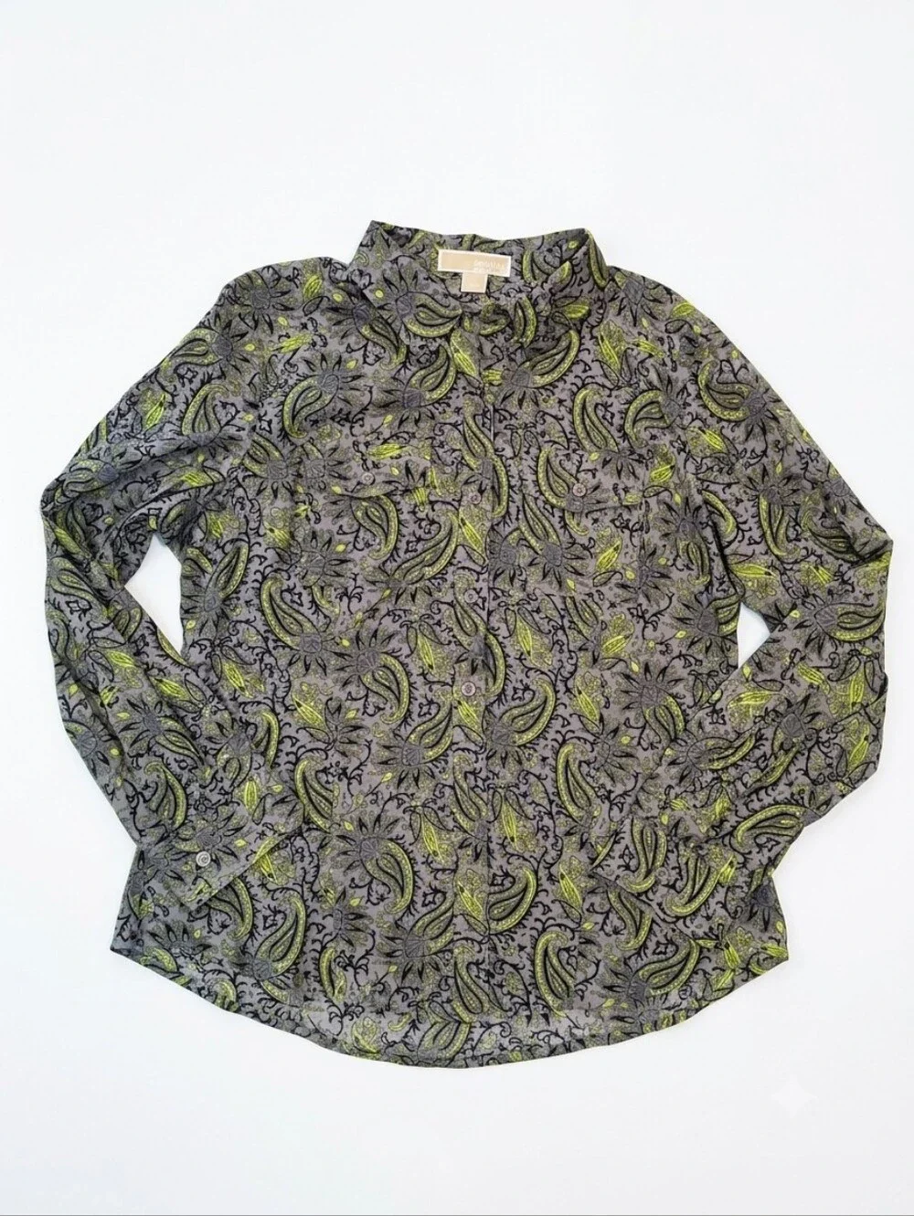 Michael Kors Gray Green Paisley 100% Cotton Button‑Up Button-Down Shirt Size L - Picture 1 of 10